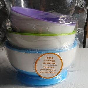 Stackable Silicone Suction Bowls - White with Blue, Green & Purple